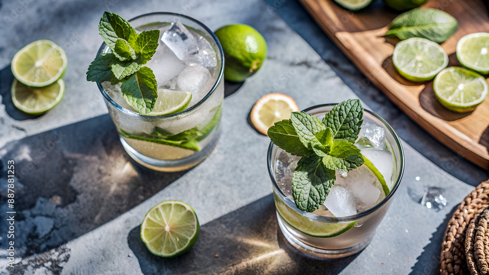 Chilled Summer Mojito: A Perfect Refreshing Blend. Two Cold Cocktails Top View Close Up Perfect for Social Media Posts, Restaurant Menus, Food and Beverage Blogs, Marketing Materials, Flyers, Cookbook Chilled Summer Mojito: A Perfect Refreshing Blend. Two Cold Cocktails Top View Close Up Perfect for Social Media Posts, Restaurant Menus, Food and Beverage Blogs, Marketing Materials, Flyers, Cookbook