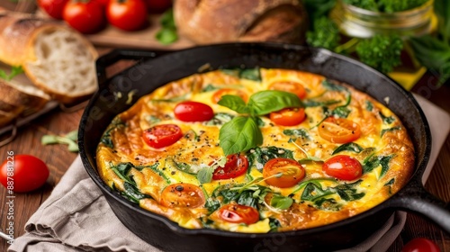 Delicious Spinach and Tomato Frittata in Cast Iron Skillet.