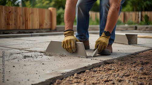 Obraz na płótnie man laying concrete paving slabs for patio.generative.ai w salonie