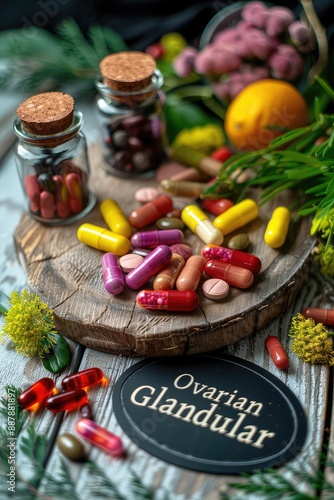 Ovarian glandular capsules supplements on the table. Selective focus. photo