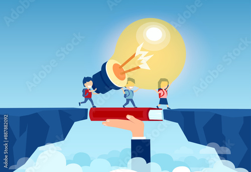 Vector of a teacher hand holding a book bridging the gap in primary education for children passing by with a bright light bulb