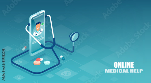 online doctor concept. Vector of a doctor giving a consultation, assistance via a phone app

