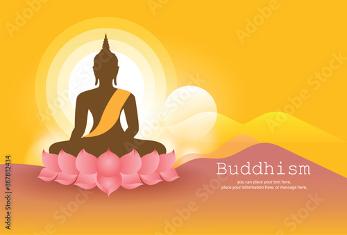 Buddha shadow sitting on pink lotus vector illustration background - Magha Puja, Asanha Puja, Vesak Puja Day, Thailand culture