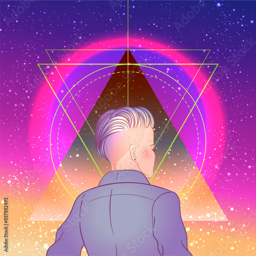 Portrait of a young pretty androgynous woman with short shaved pixie undercut in retro futurism style. Vector illustration in neon bright colors. Blue short hair. futuristic synth wave flyer template