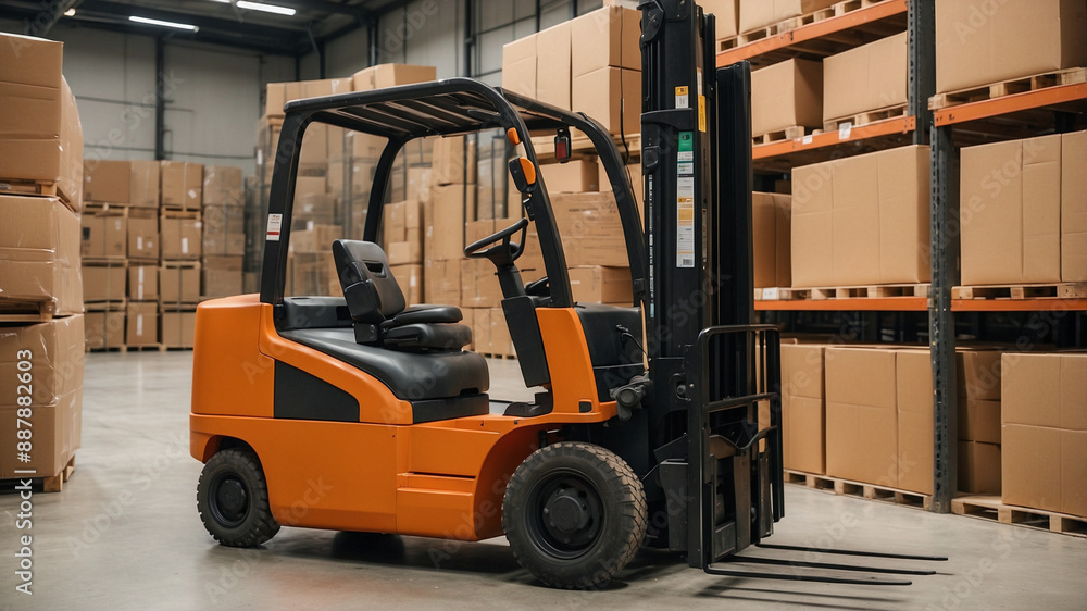 Bright Warehouse Interior with Orange Forklift and Stacks of Cardboard Boxes Bright Warehouse Interior with Orange Forklift and Stacks of Cardboard Boxes