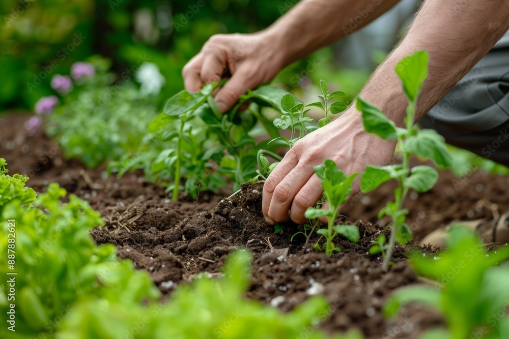 home gardening concept with man's hands digging in the soil and planting organic natural plants in the yard home gardening concept with man's hands digging in the soil and planting organic natural plants in the yard