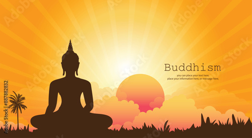 Buddha shadow sitting on a yellow vector illustration background - Magha Puja, Asanha Puja, Vesak Puja Day, Thailand culture