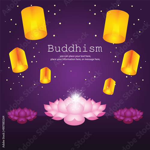 Lotus flower and moon vesak Lantern vector illustration background - Magha Puja, Asanha Puja, Vesak Puja Day, Thailand culture