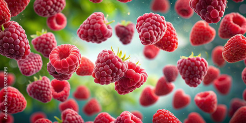  A dynamic image of fresh raspberries floating mid-air against a soft blue background, emphasizing freshness, vibrancy, and the natural beauty of this delicious fruit