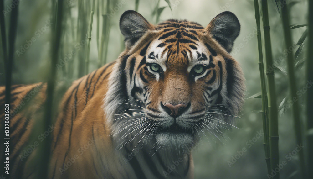 Fototapeta premium A majestic tiger walking through dense bamboo forest, misty morning 