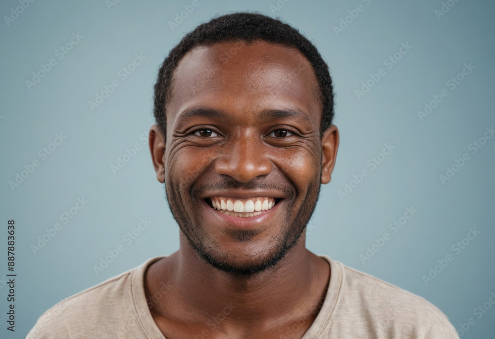 Obraz premium Portrait view of a regular happy smiling Vanuatu man, ultra realistic, candid, social media, avatar image, plain solid background