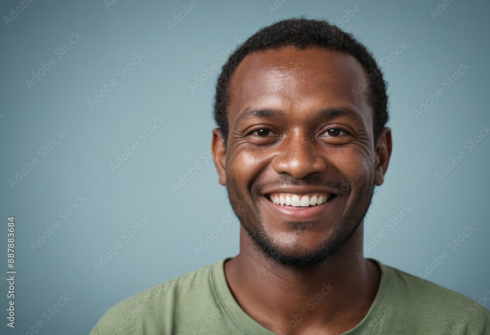 Obraz premium Portrait view of a regular happy smiling Vanuatu man, ultra realistic, candid, social media, avatar image, plain solid background