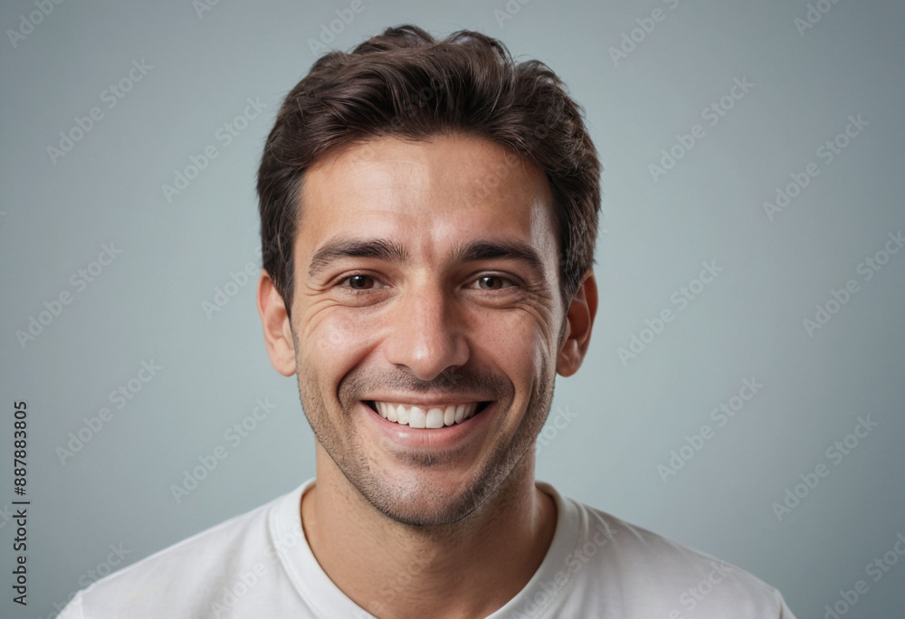 Fototapeta premium Portrait view of a regular happy smiling Argentina man, ultra realistic, candid, social media, avatar image, plain solid background