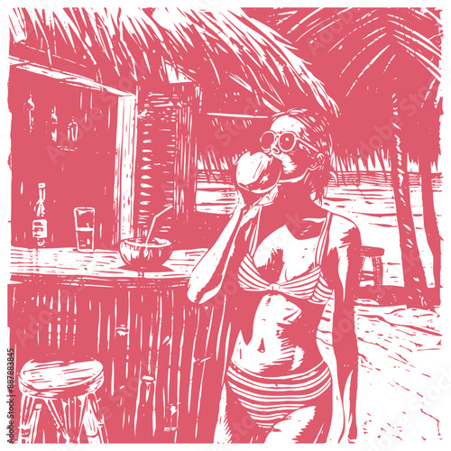 Woman in swimsuit at tiki bar, vector illustration