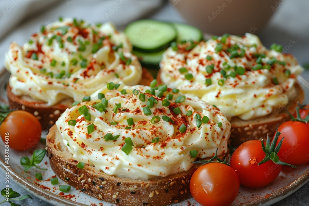 Delicious Open-Faced Cream Cheese Sandwiches with Chives and Paprika Garnish on Rustic Bread Delicious Open-Faced Cream Cheese Sandwiches with Chives and Paprika Garnish on Rustic Bread