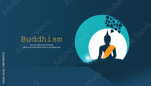 Buddha statue meditating under a bodhi tree on green dark vector illustration background - Magha Puja, Asanha Puja, Vesak Puja Day, Thailand culture