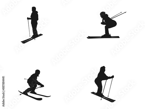 mountain skier silhouettes vector.  Woman doing ice skating, skiing, snowboarding, girl on sledge, Hockey, curling, skier, simple skater. Set of ski silhouettes, isolated on white background.