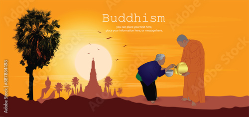 Monk going out for alms in the morning It is an activity that must be done in Buddhism, on the day of Buddhist Lent vector illustration background - Magha Puja, Asanha Puja, Vesak Puja Day