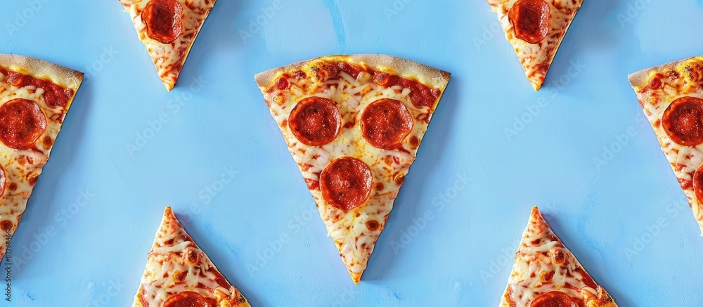 Top view of a pizza slice pattern on a blue backdrop allowing room for text in the image. with copy space image. Place for adding text or design Top view of a pizza slice pattern on a blue backdrop allowing room for text in the image. with copy space image. Place for adding text or design