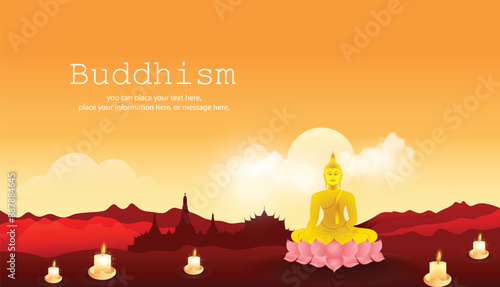 Buddha statue meditating on a pink lotus with an orange-yellow background and a mountain range vector illustration background - Magha Puja, Asanha Puja, Vesak Puja Day, Thailand culture