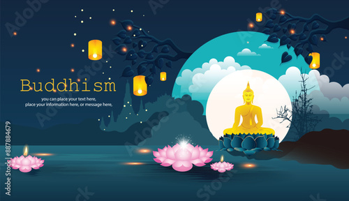 Buddha statue meditating under a bodhi tree on green dark and releasing a lantern vector illustration background - Magha Puja, Asanha Puja, Vesak Puja Day, Thailand culture