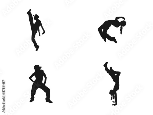 street dance different postures. Teenagers, Young girl and boy dancing street dance, hip hop at party or night club. Dancing street dance silhouettes in urban style on white background. 