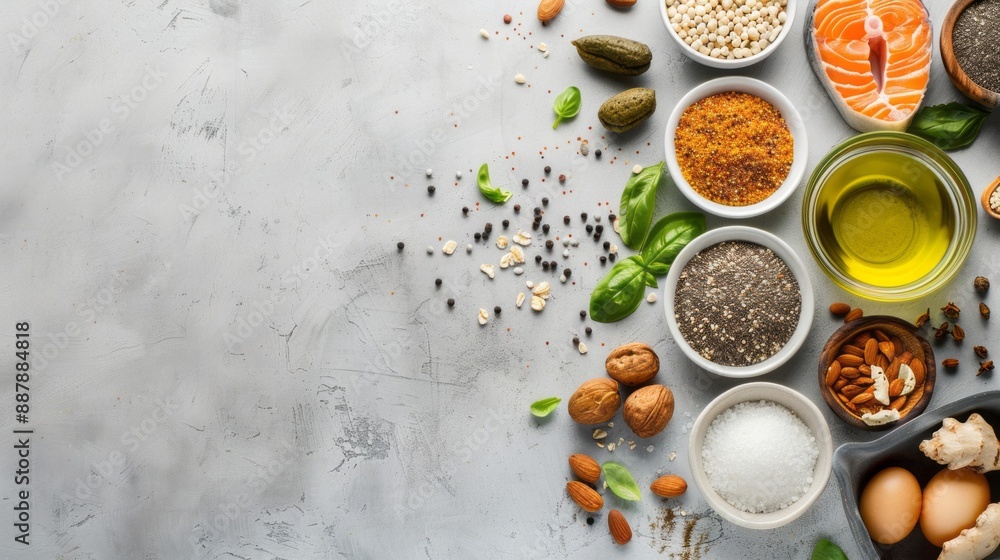 An assortment of fresh and wholesome ingredients, including fish, nuts, seeds, spices, and herbs, arranged on a grey background An assortment of fresh and wholesome ingredients, including fish, nuts, seeds, spices, and herbs, arranged on a grey background