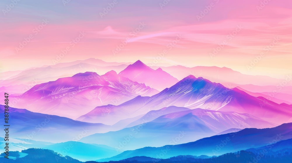 Obraz premium A dreamy landscape of mountains bathed in a vibrant, colorful light. The peaks are shrouded in mist, creating a sense of mystery and wonder