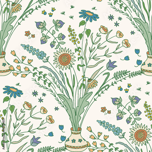 Hand drawn Bouquet of wild flowers ir summer colours. Ogee repeat pattern.