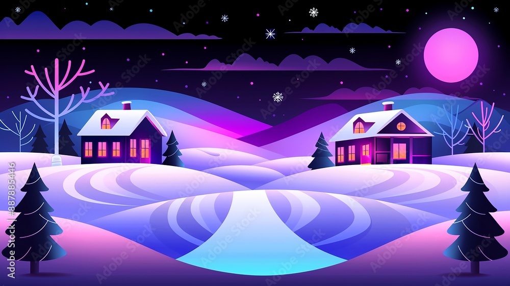 Obraz premium A snowy landscape with two houses and a winding road under a bright moon and starry sky.