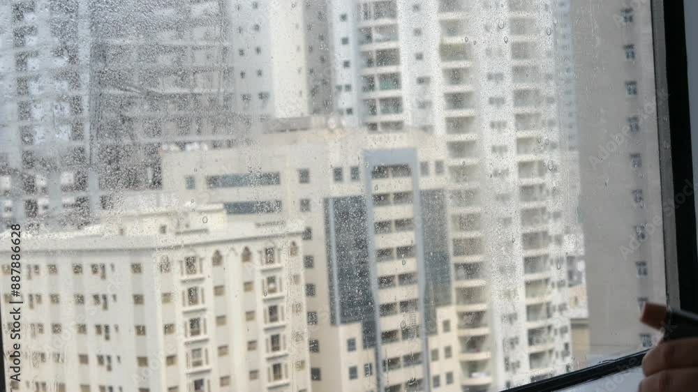Washing windows. Home cleanliness care. Soap solution is splashed on the window. Clear glass. Scraper for cleaning windows. The housewife washes the window. Horizontal video. High quality 4k footage Washing windows. Home cleanliness care. Soap solution is splashed on the window. Clear glass. Scraper for cleaning windows. The housewife washes the window. Horizontal video. High quality 4k footage