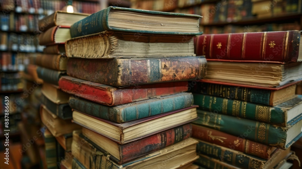 Fototapeta premium Stacks of Vintage Books in Library