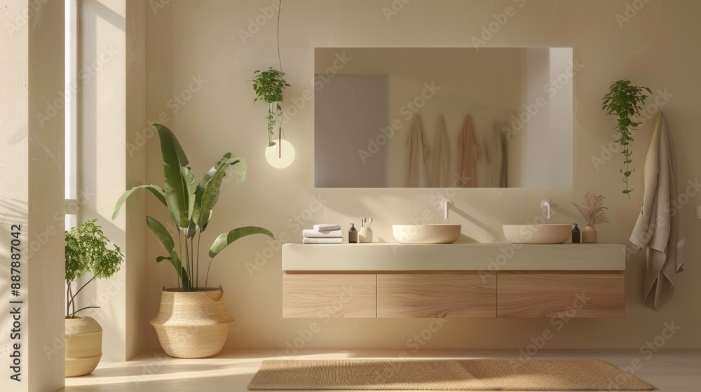Fototapeta premium A bathroom with a large mirror and two sinks