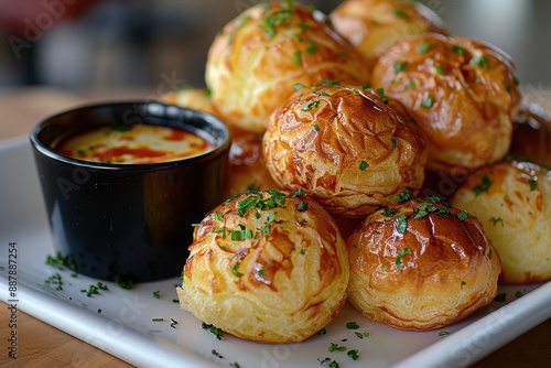 Gougres A plate of golden, airy Gougres (cheese puffs) with a side of dipping sauce. Served on a white platter. photo