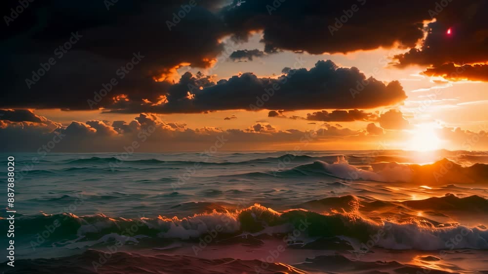 Video animation of sunset at the beach. The sun hovers near the horizon, casting warm glow on the clouds and sea Video animation of sunset at the beach. The sun hovers near the horizon, casting warm glow on the clouds and sea