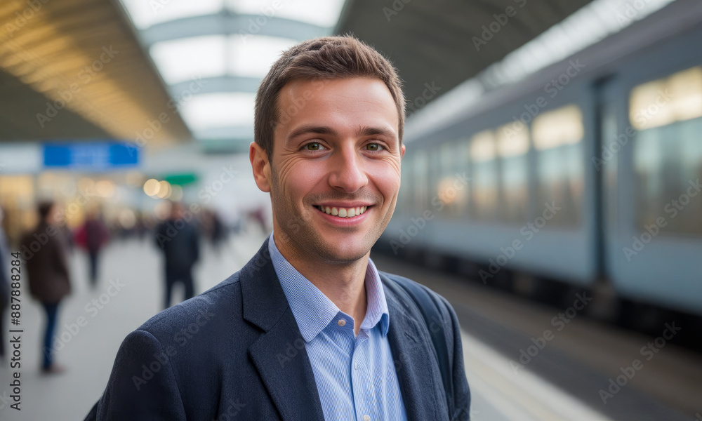 man, smart casual attire. waiting on train station, anticipation evident. Busy platform, passengers, modern architecture, rail passenger transport theme man, smart casual attire. waiting on train station, anticipation evident. Busy platform, passengers, modern architecture, rail passenger transport theme