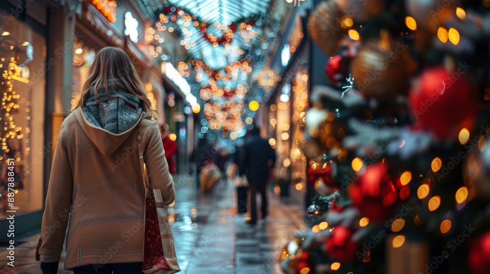 Obraz premium Festive Holiday Shopping in Decorated Mall