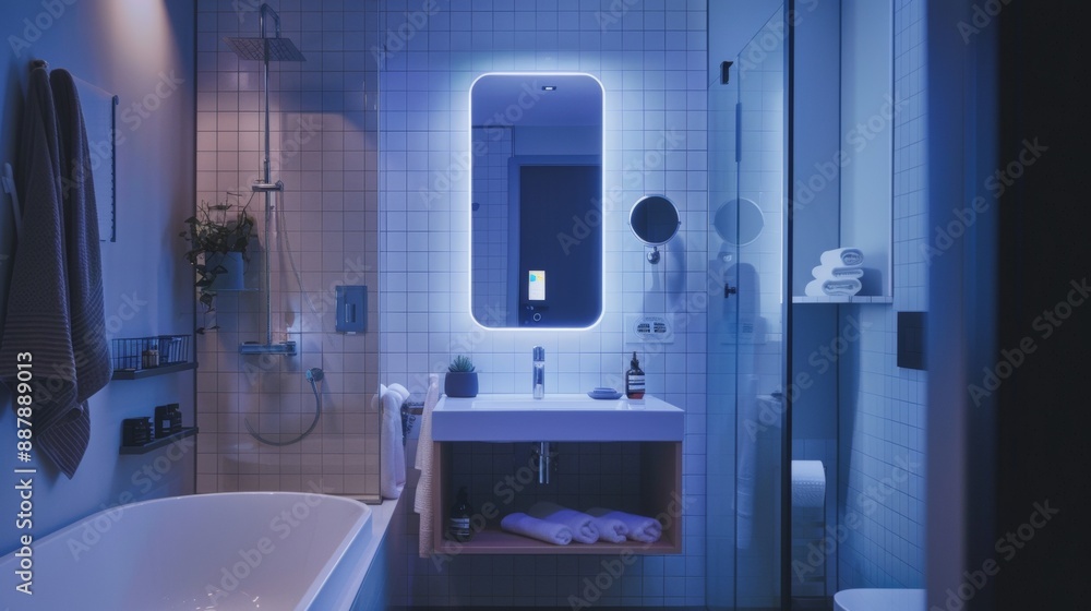 A bathroom with a white sink and a blue light above it A bathroom with a white sink and a blue light above it