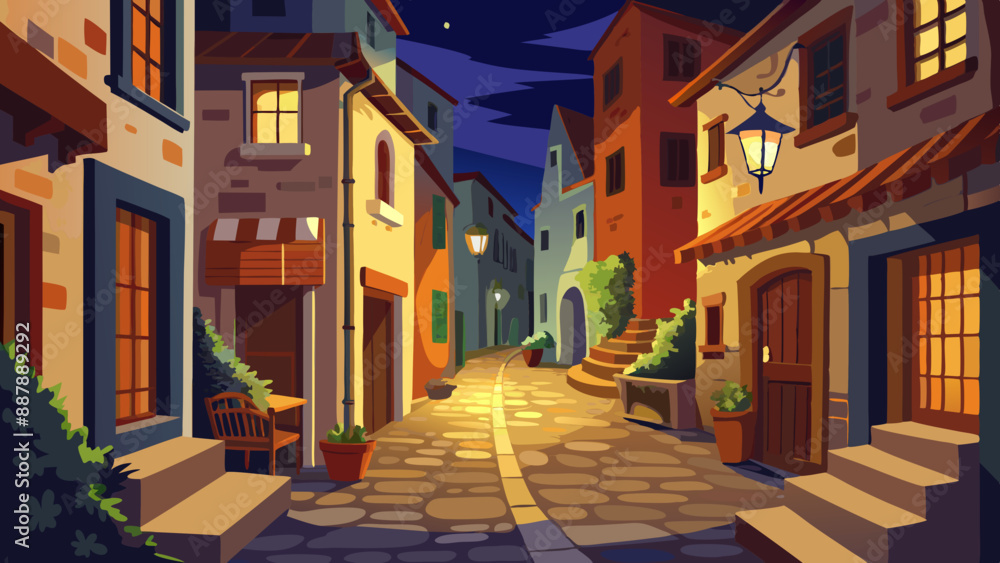 Illustration of a quiet cobbled street in a picturesque village at sunset, with warm lantern lights and illuminated house windows creating an atmosphere of calm Illustration of a quiet cobbled street in a picturesque village at sunset, with warm lantern lights and illuminated house windows creating an atmosphere of calm