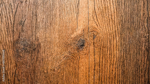 Close-up natural brown wooden texture, detailed wood grain pattern, rustic oak surface with knots, high-resolution background for interior design photo