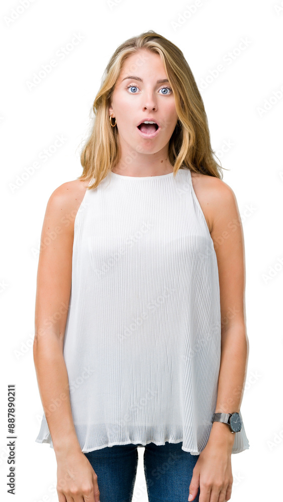 Fototapeta premium Beautiful young elegant woman over isolated background afraid and shocked with surprise expression, fear and excited face.