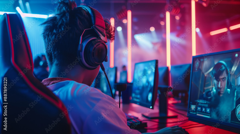 A young gamer wearing headphones sits at a computer, engrossed in an online competition. Neon lights illuminate the room, creating a vibrant atmosphere A young gamer wearing headphones sits at a computer, engrossed in an online competition. Neon lights illuminate the room, creating a vibrant atmosphere
