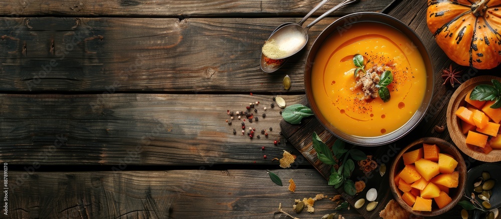Top view of a beautifully arranged bowl of pumpkin soup with ingredients and spoons on a wooden table in a copy space image Top view of a beautifully arranged bowl of pumpkin soup with ingredients and spoons on a wooden table in a copy space image