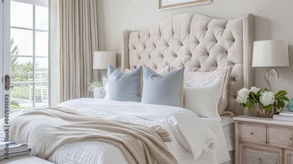 A bed with a white headboard and pillows A bed with a white headboard and pillows