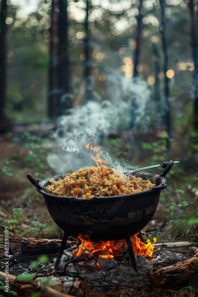 pilaf in a cauldron on a fire. Selective focus. pilaf in a cauldron on a fire. Selective focus.
