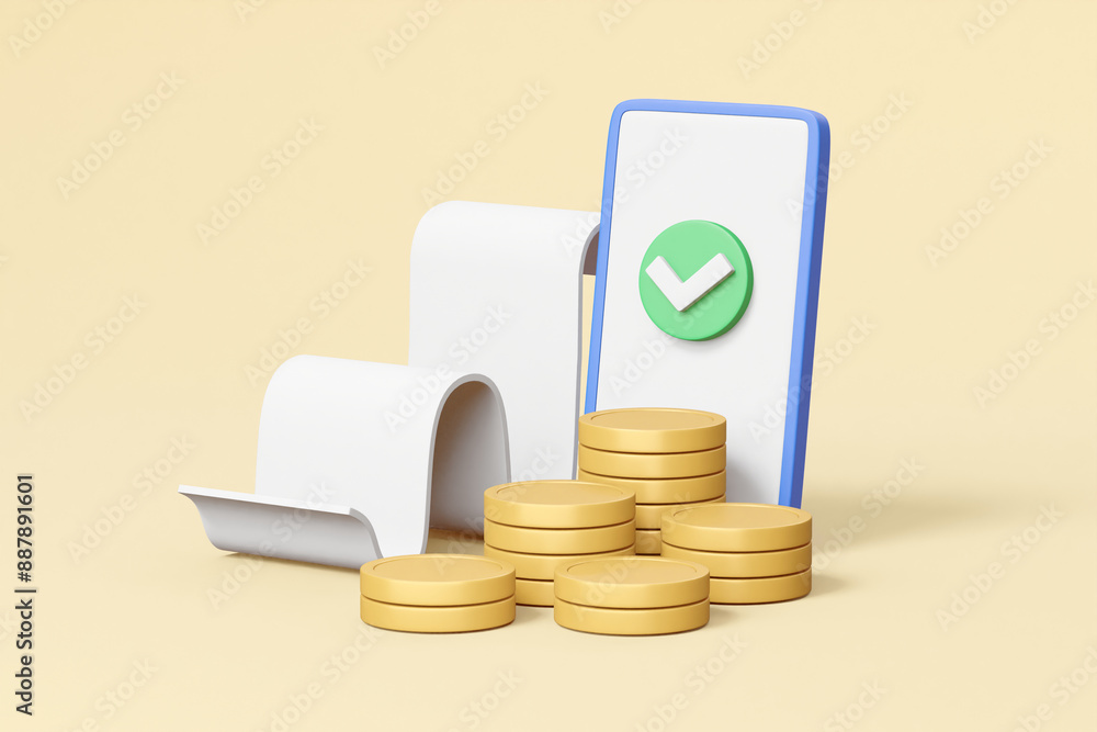 A 3D render featuring floating elements such as a smartphone, a check mark, coins, and a bill. This visual represents the concept of seamless and successful digital payments. A 3D render featuring floating elements such as a smartphone, a check mark, coins, and a bill. This visual represents the concept of seamless and successful digital payments.