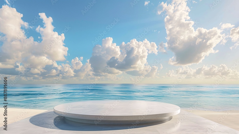 1. A pristine 3D podium, elegantly set against a backdrop of a serene beach, where the azure waters meet the sandy shore under a clear blue sky dotted with fluffy white clouds. 1. A pristine 3D podium, elegantly set against a backdrop of a serene beach, where the azure waters meet the sandy shore under a clear blue sky dotted with fluffy white clouds.