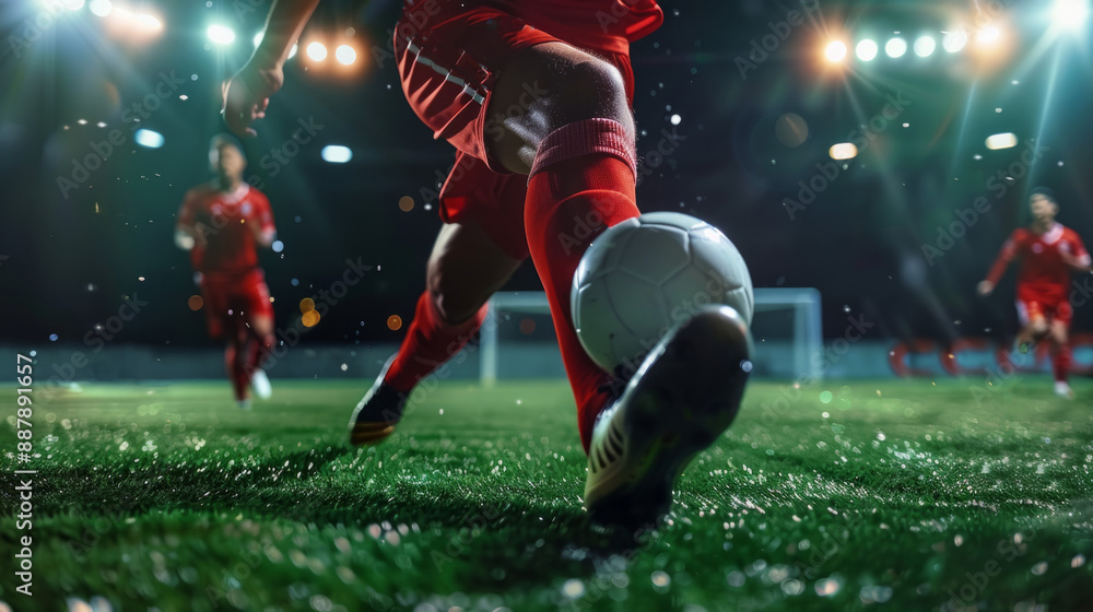 A close-up shot of a soccer player's foot connecting with the ball during a night game. The player is in mid-kick, with the ball about to be launched towards the goal A close-up shot of a soccer player's foot connecting with the ball during a night game. The player is in mid-kick, with the ball about to be launched towards the goal