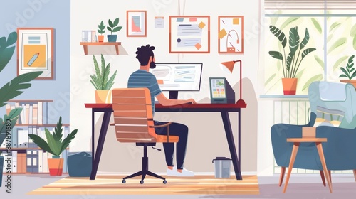 A man is sitting at a desk in a room with a potted plant and a computer © CYBERPINK