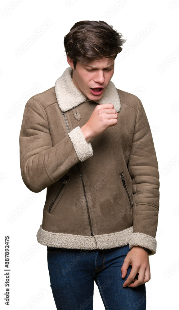 Young handsome man wearing winter coat over isolated background feeling unwell and coughing as symptom for cold or bronchitis. Healthcare concept. Young handsome man wearing winter coat over isolated background feeling unwell and coughing as symptom for cold or bronchitis. Healthcare concept.